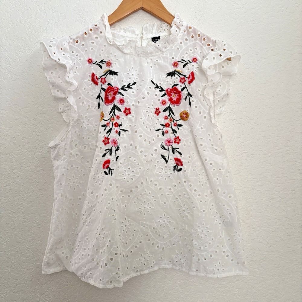 Shein Curve SunnyBelle Embroidered Blouse Plus 1X White Eyelet Pink Floral
